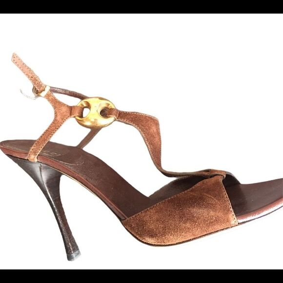 #90 GUCCI BROWN & GOLD SUEDE HEELS - Picture 2 of 9